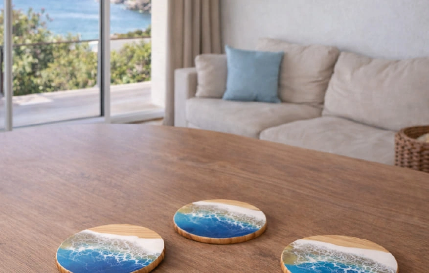 sous-verres bois r&eacute;sine effet vague oc&eacute;an